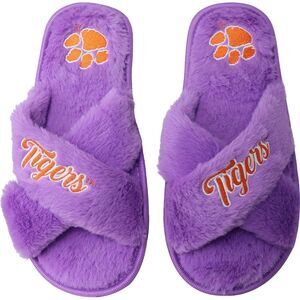 Clemson Tigers Slippers Women's Size 9 XL Purple Orange Faux Fur Slide FOCO